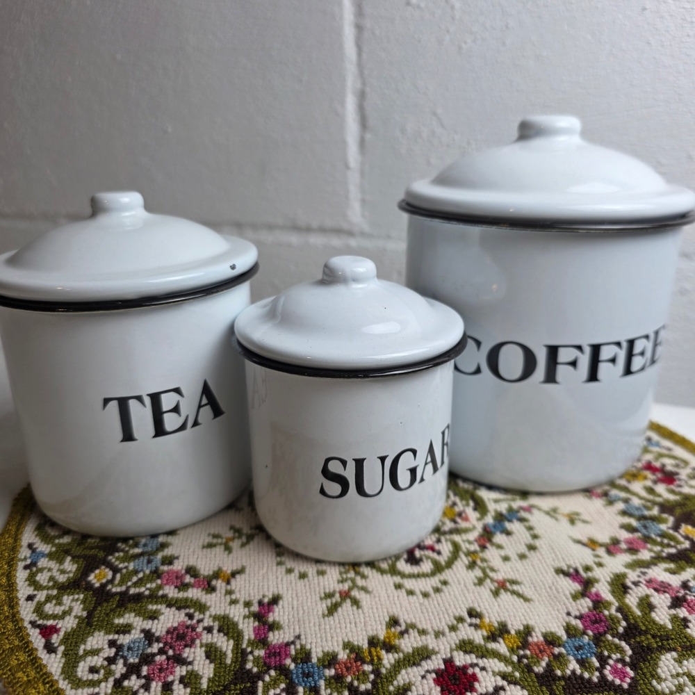 White Enamel Canister Set 3pc Farmhouse Coffee Tea Sugar Kitchen Storage Jars